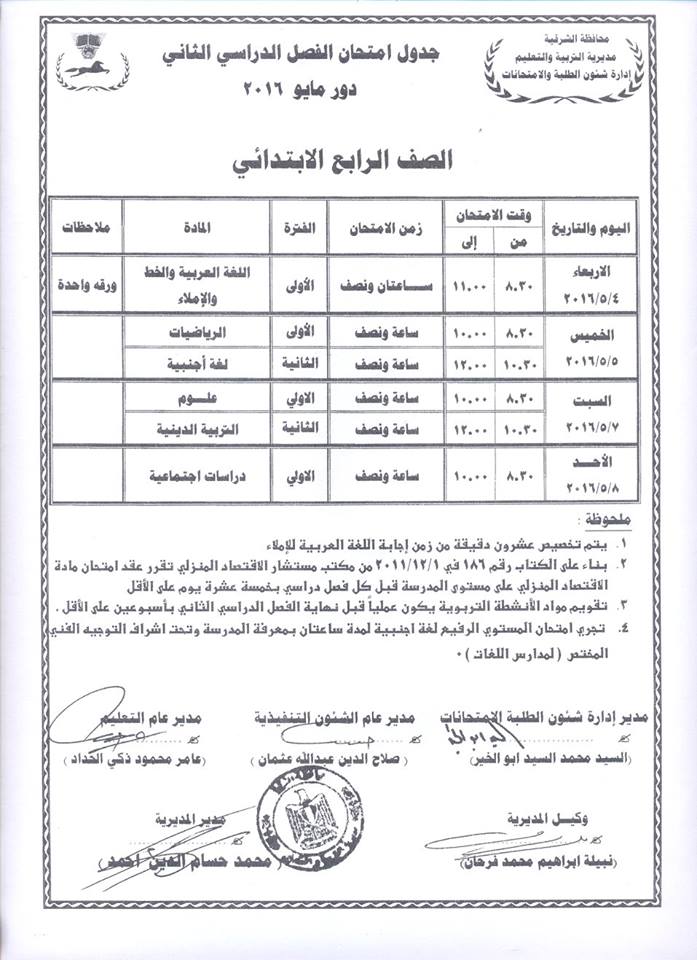 جداول امتحانات الفصل الدراسي الثاني لجميع المراحل بالشرقية 6 جداول (7)