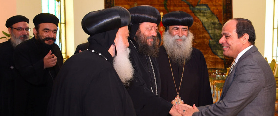 Egyptian President Abdel Fattah al-Sisi meets members of the Holy Synod of the Coptic Orthodox Church at the Ittihadiya presidential palace in Cairo