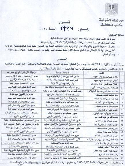 محافظ الشرقية يصدر حركة تنقلات واسعة بمديرية التموين 2 محافظ الشرقية يصدر حركة تنقلات واسعة بمديرية التموين