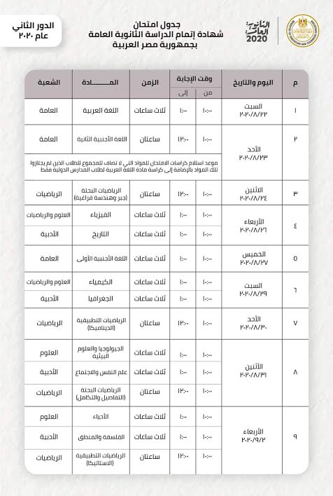 Ø¬Ø¯ÙˆÙ„ Ø§Ù…ØªØ­Ø§Ù†Ø§Øª Ø§Ù„Ø¯ÙˆØ± Ø§Ù„Ø«Ø§Ù†ÙŠ Ù„Ù„Ø«Ø§Ù†ÙˆÙŠØ© Ø§Ù„Ø¹Ø§Ù…Ø© 2020 Ø¨Ø§Ù„Ù…ÙˆØ§Ø¹ÙŠØ¯ ÙˆØ´Ø±ÙˆØ· ØªØ£Ø¬ÙŠÙ„ Ø§Ù„Ù…Ø§Ø¯Ø© Ø§Ù„Ø´Ø±Ù‚ÙŠØ© ØªÙˆØ¯Ø§ÙŠ