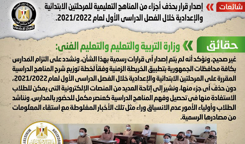 حذف أجزاء من المناهج لطلاب الابتدائية والإعدادية 2 حذف أجزاء من المناهج